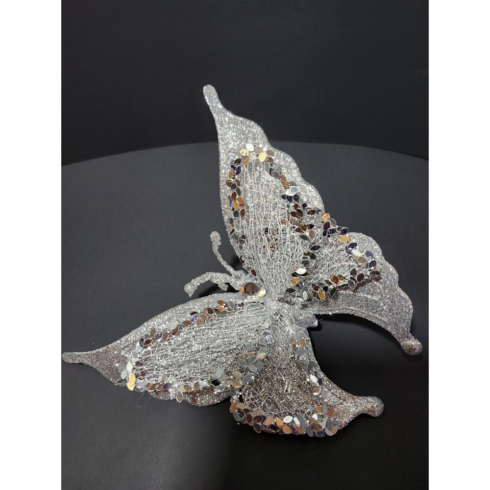 Silver Butterfly Clipon Decoration With Glitter
